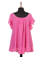 Italian Frilled Sleeves Smocked Back Flared Top - Cerise