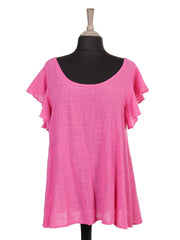 Italian Frilled Sleeves Smocked Back Flared Top - Cerise