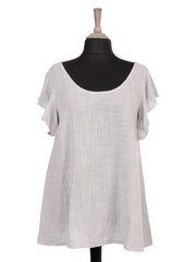 Italian Frilled Sleeves Smocked Back Flared Top - Light Grey