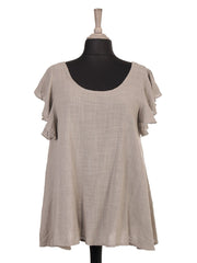 Italian Frilled Sleeves Smocked Back Flared Top - Mocha