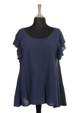 Italian Frilled Sleeves Smocked Back Flared Top - Navy