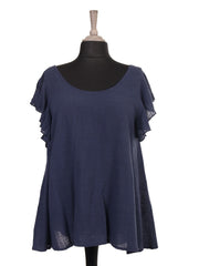 Italian Frilled Sleeves Smocked Back Flared Top - Navy