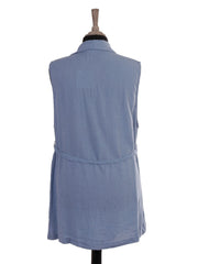 Italian Front Button Detail Collard Linen Cardigan - Denim