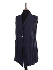 Italian Front Button Detail Collard Linen Cardigan - Navy