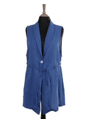 Italian Front Button Detail Collard Linen Cardigan - Royal Blue