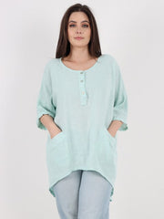 Italian Front Button Panel Detail Linen Dip Hem Top - Aqua