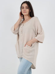 Italian Front Button Panel Detail Linen Dip Hem Top - Beige