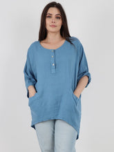 Italian Front Button Panel Detail Linen Dip Hem Top - Denim