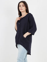 Italian Front Button Panel Detail Linen Dip Hem Top - Navy