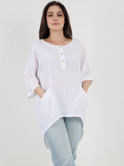 Italian Front Button Panel Detail Linen Dip Hem Top - White
