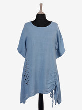 Italian Front Pocket Detail Ruched Linen Tunic Top - Denim