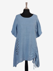 Italian Front Pocket Detail Ruched Linen Tunic Top - Denim