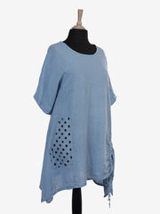 Italian Front Pocket Detail Ruched Linen Tunic Top - Denim