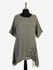 Italian Front Pocket Detail Ruched Linen Tunic Top - Khaki