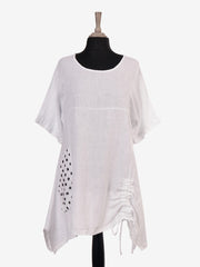 Italian Front Pocket Detail Ruched Linen Tunic Top - White