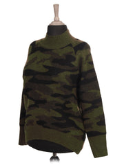 Italian Camouflage Lana Wool Dip Hem Knitted Jumper - Khaki