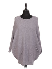 Italian Lace Back Batwing Jumper With Front Diagonal Pocket - Grey