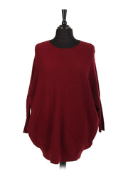 Italian Lace Back Batwing Jumper With Front Diagonal Pocket - Wine