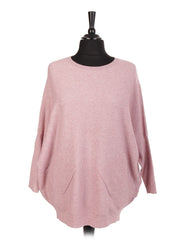 Italian Lace Back Batwing Jumper With Front Diagonal Pocket - Baby Pink