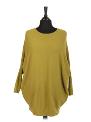 Italian Lace Back Batwing Jumper With Front Diagonal Pocket - Lime Green