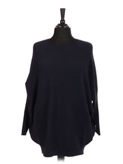 Italian Lace Back Batwing Jumper With Front Diagonal Pocket - Navy