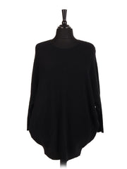 Italian Lace Back Batwing Jumper With Front Diagonal Pocket - Black
