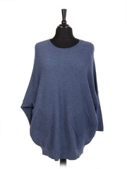 Italian Lace Back Batwing Jumper With Front Diagonal Pocket - Denim