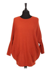 Italian Lace Back Batwing Jumper With Front Diagonal Pocket - Orange