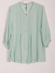 Italian Lace Detail Button Through Linen Top - Aqua