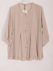 Italian Lace Detail Button Through Linen Top - Beige