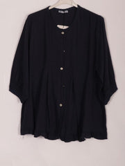 Italian Lace Detail Button Through Linen Top - Black