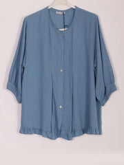 Italian Lace Detail Button Through Linen Top - Denim