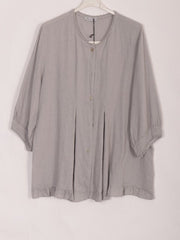 Italian Lace Detail Button Through Linen Top - Light Grey