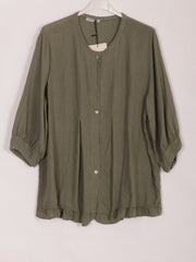 Italian Lace Detail Button Through Linen Top - Khaki