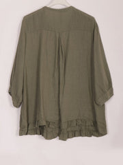 Italian Lace Detail Button Through Linen Top - Khaki