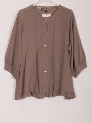 Italian Lace Detail Button Through Linen Top - Mocha
