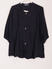 Italian Lace Detail Button Through Linen Top - Navy