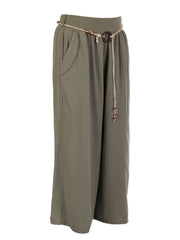 Italian Linen Rope Tie Elasticated Waist Culotte - Khaki
