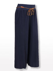 Italian Linen Rope Tie Elasticated Waist Culotte - Navy