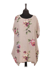 Italian Linen Floral Baggy Top - Beige