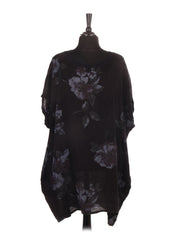 Italian Linen Floral Baggy Top - Black
