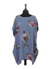 Italian Linen Floral Baggy Top - Denim