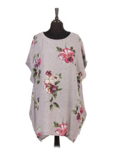 Italian Linen Floral Baggy Top - Light Grey