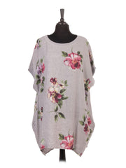 Italian Linen Floral Baggy Top - Light Grey