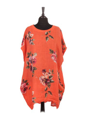 Italian Linen Floral Baggy Top - Orange