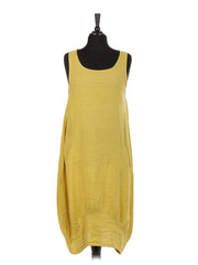 Italian Linen Lagenlook Dress With Side Ribbed Panel - Mustard