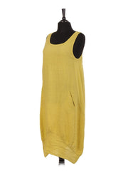 Italian Linen Lagenlook Dress With Side Ribbed Panel - Mustard