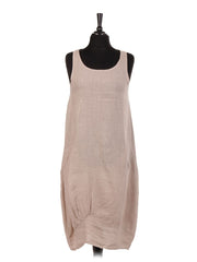 Italian Linen Lagenlook Dress With Side Ribbed Panel - Beige