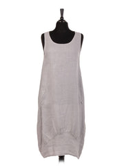 Italian Linen Lagenlook Dress With Side Ribbed Panel - Light Grey