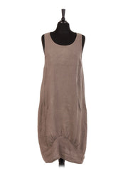 Italian Linen Lagenlook Dress With Side Ribbed Panel - Mocha